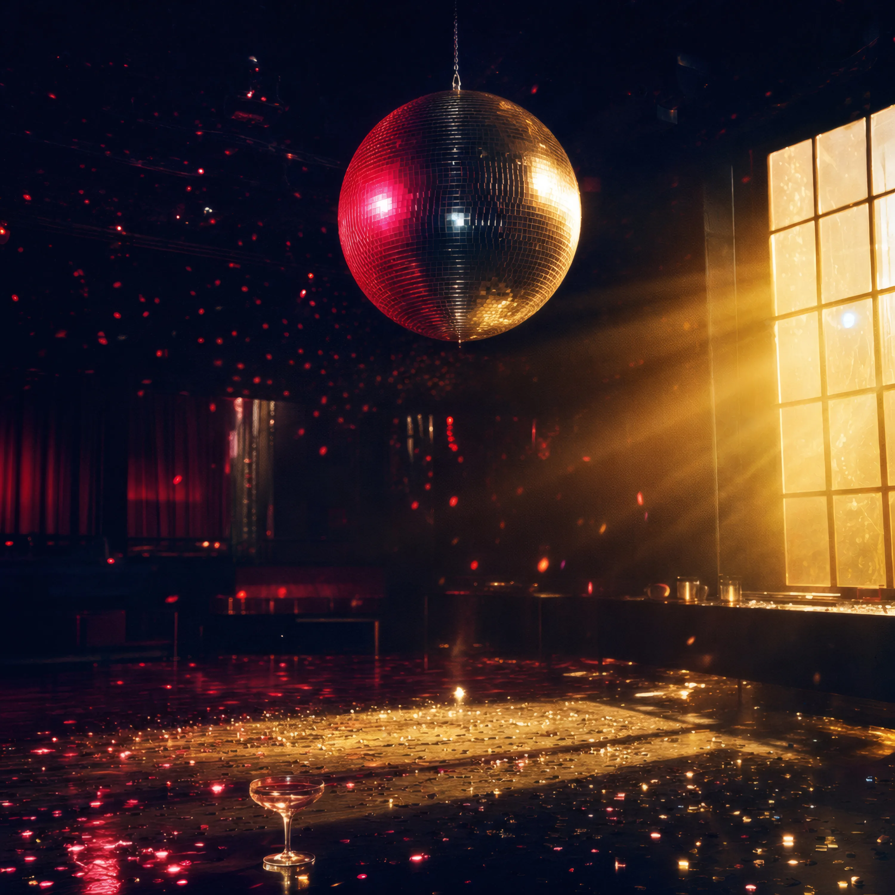 Album cover Velvet Hours: an empty club with a mirrorball, golden morning light falling through a tall window