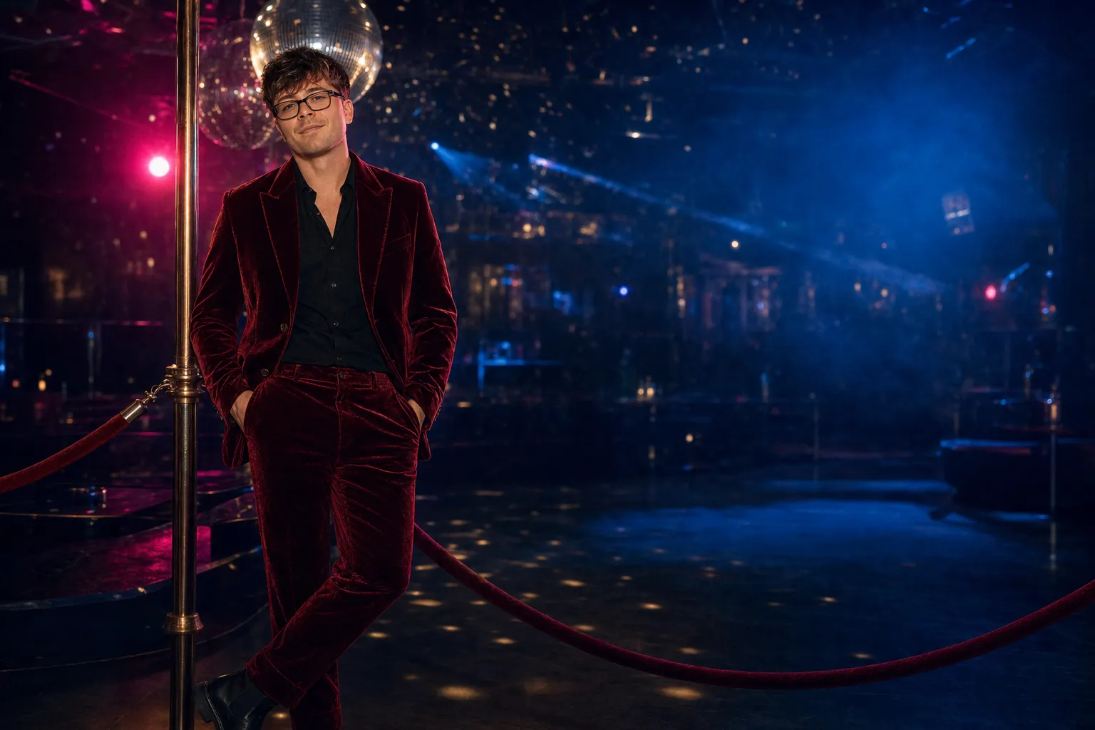 Tom Velour in a red velvet suit leans on a brass post by the velvet rope, blue club light and a mirrorball above