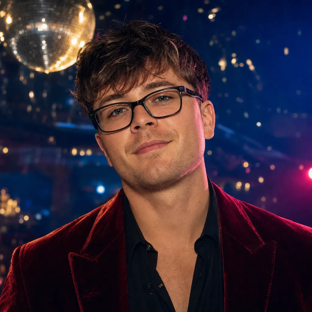 Portrait of Tom Velour: tousled dark hair, slim black glasses, red velvet jacket, mirrorball lights behind him